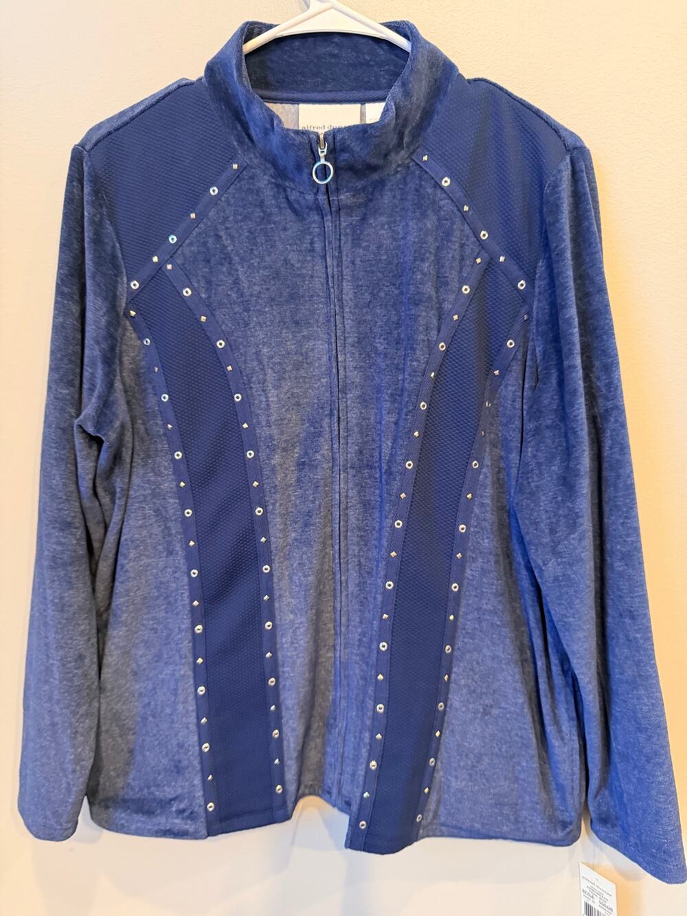 ALFRED DUNNER Denim Color Velour Studded Full Zip Jacket Sz 14